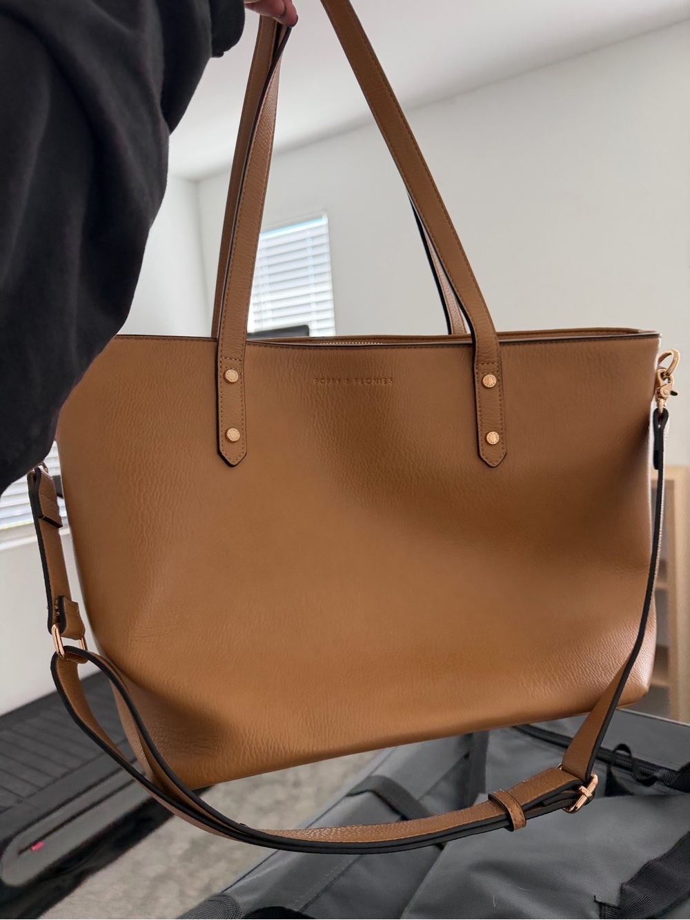 Poppy & Peonies Cognac Leather Tote with Adjustable Strap